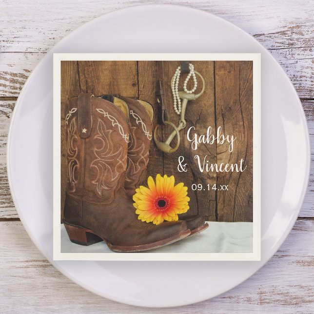 Cowboy Boots, Daisy and Horse Bit Western Wedding Paper Napkins (Creator Uploaded)