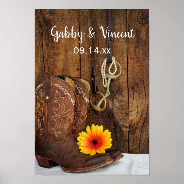 Cowboy Boots, Daisy and Horse Bit Western Wedding Poster (Front)