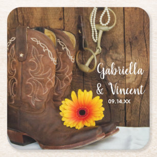 Cowboy Boots, Daisy and Horse Bit Western Wedding Square Paper Coaster