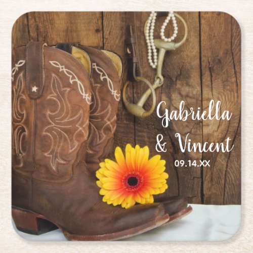 Cowboy Boots Daisy and Horse Bit Western Wedding Square Paper Coaster