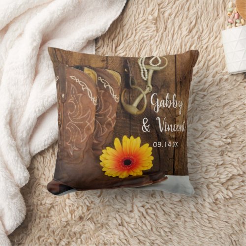 Cowboy Boots Daisy and Horse Bit Western Wedding Throw Pillow