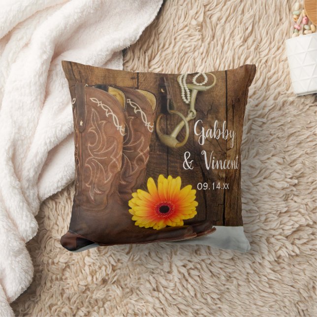Cowboy Boots, Daisy and Horse Bit Western Wedding Throw Pillow (Blanket)