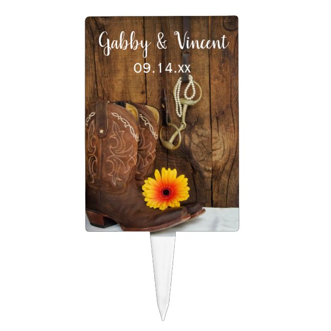 Cowboy Boots, Daisy Horse Bit Country Wedding Cake Topper (Front)
