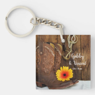 Cowboy Boots, Daisy Horse Bit Country Wedding Keychain