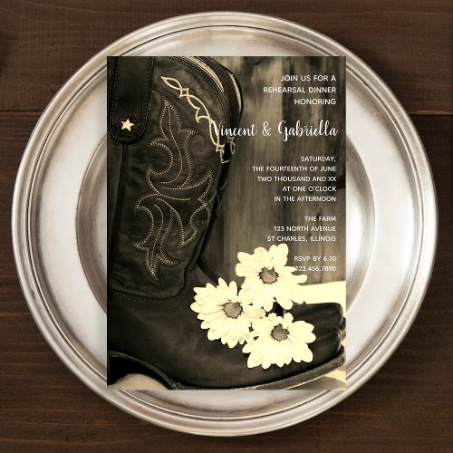 Cowboy Boots Daisy Wedding Rehearsal Dinner Sepia Invitation