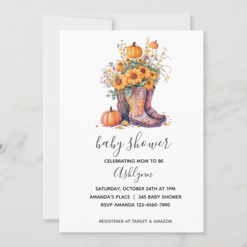 Cowboy Boots Floral Pumpkin Autumn Baby Shower Invitation