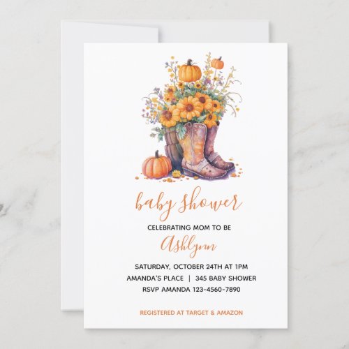 Cowboy Boots Floral Pumpkin Fall Baby Shower Invitation