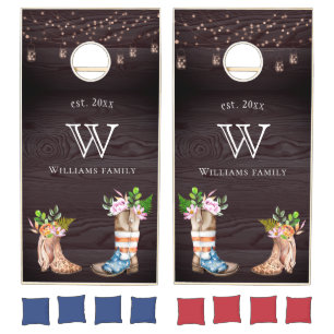 cowboy boots flowers string lights rustic cornhole set