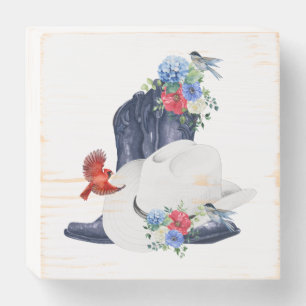 Cowboy Boots/Hat & Flowers/Birds Wooden Box Sign