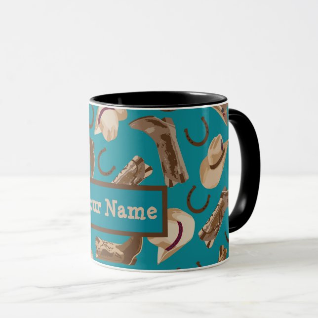 Cowboy Boots Hats Western Teal Name Personalized Mug (Front Right)