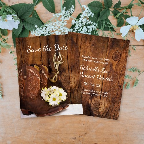 Cowboy Boots Horse Bit Daisies Barn Save the Date