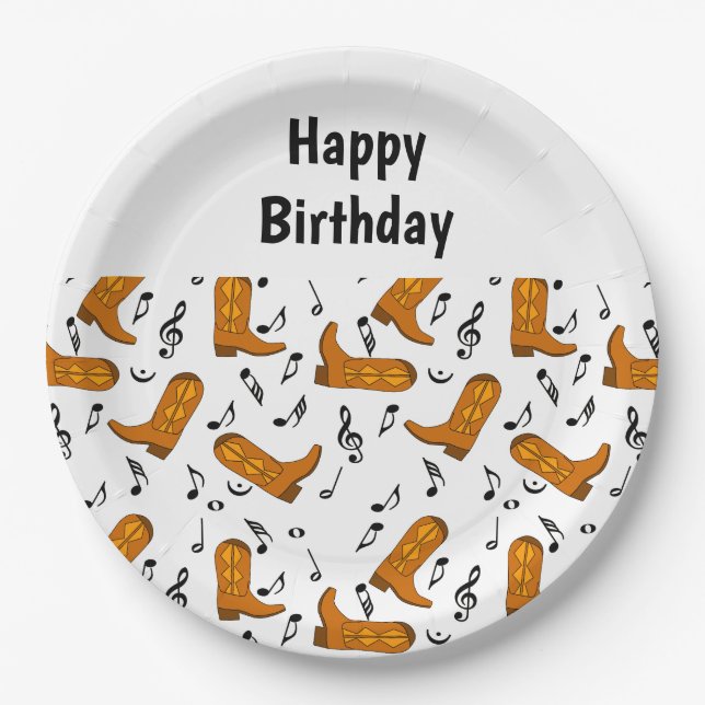 Cowboy Boots Music Notes Birthday  Paper Plates (Front)