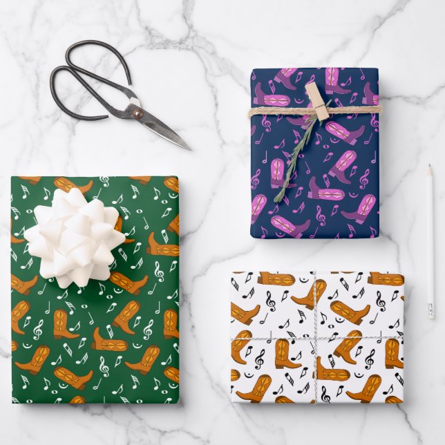 Cowboy Boots Music Notes Wrapping Paper Sheets (Front)