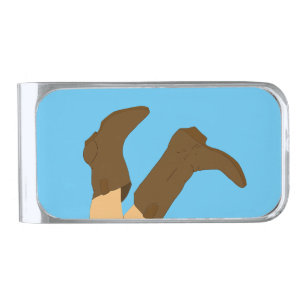 Cowboy Boots on Light Blue Background Silver Finish Money Clip