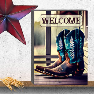 Cowboy Boots on Porch Welcome Wooden Box Sign