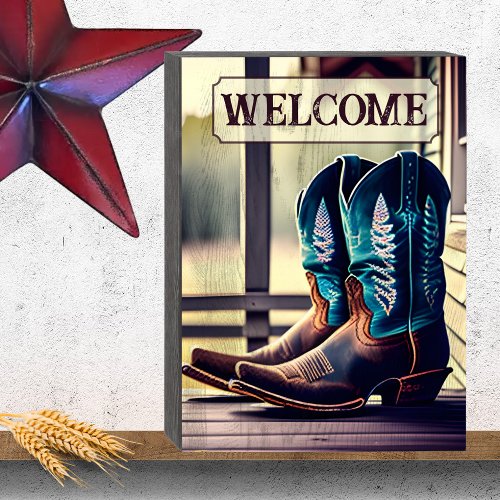 Cowboy Boots on Porch Welcome  Wooden Box Sign