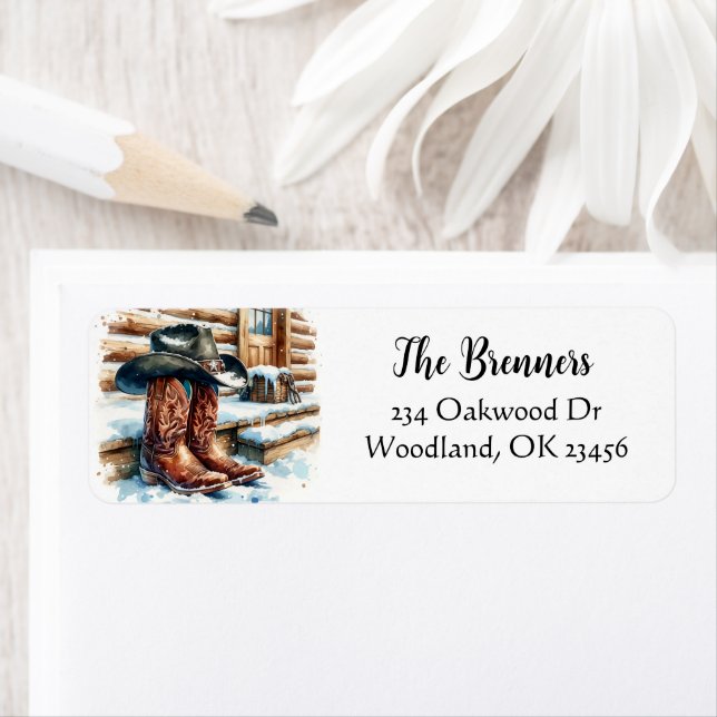 Cowboy Boots on the Front Porch on a Winter Day Label (Insitu)