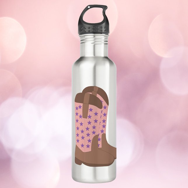 Cowboy Boots Pink Brown Purple Stars Pattern Stainless Steel Water Bottle (A water bottle with a pair of cowboy boots done in brown and pink with purple stars.)