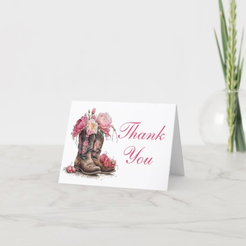 Cowboy Boots Pink Floral Western Country Wedding Thank You Card