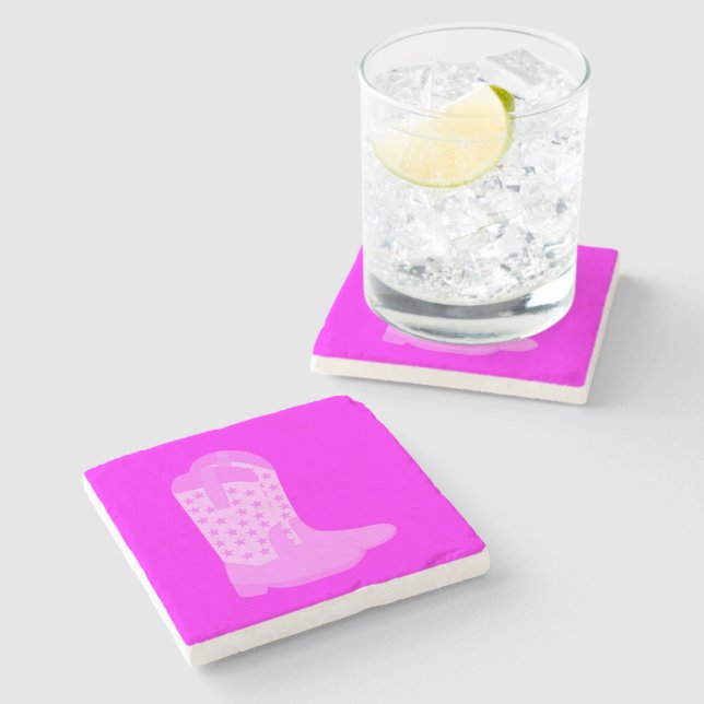 Cowboy Boots Pink Stars Stone Coaster (Side)