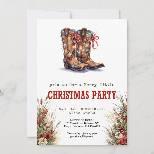 Cowboy Boots Red Green Christmas Invitation (Front)