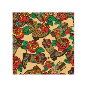Cowboy Boots & Roses: Vintage Design. Wood Wall Art
