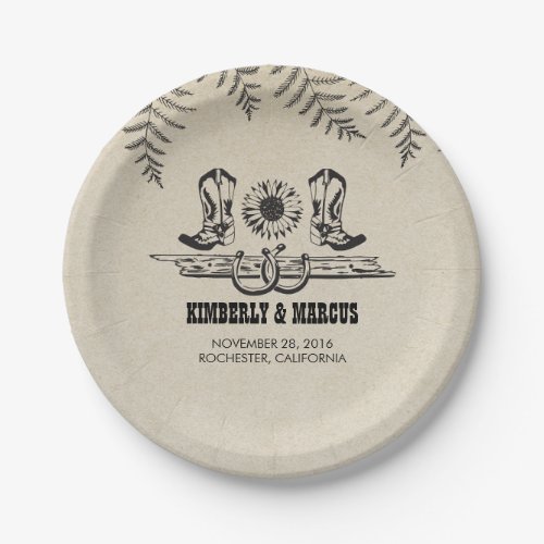 Cowboy Boots Rustic Country Wedding Paper Plates