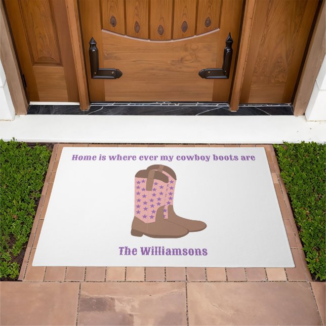Cowboy Boots Stars Home Personalize Pink Purple  Doormat (Outdoor)