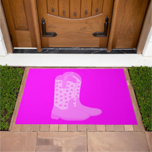 Cowboy Boots Stars Pink Background Doormat