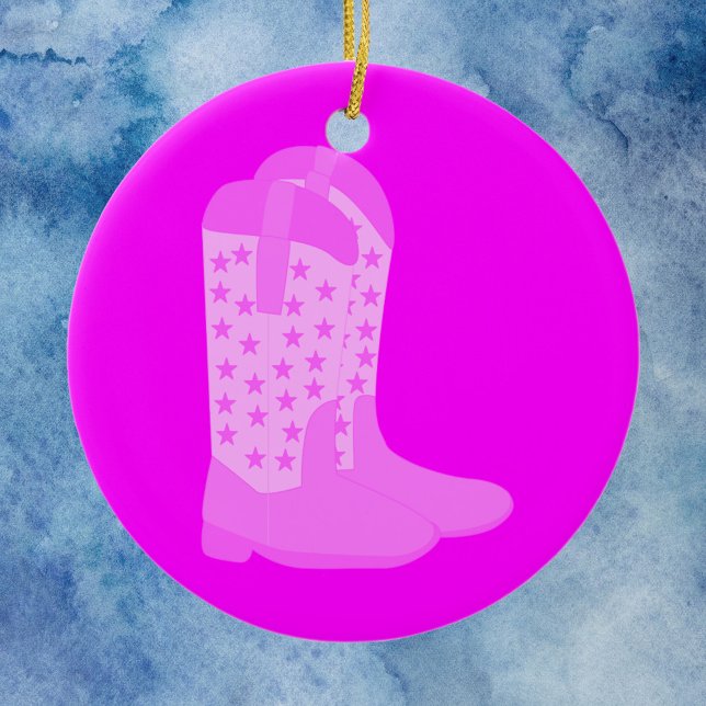 Cowboy Boots Stars Pink Ceramic Ornament (An ornament with a pair of pink cowboy boots)