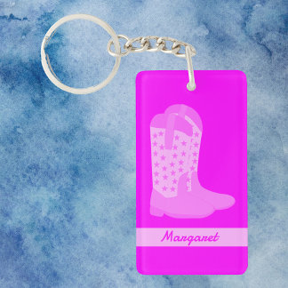 Cowboy Boots Stars Pink Personalize Keychain
