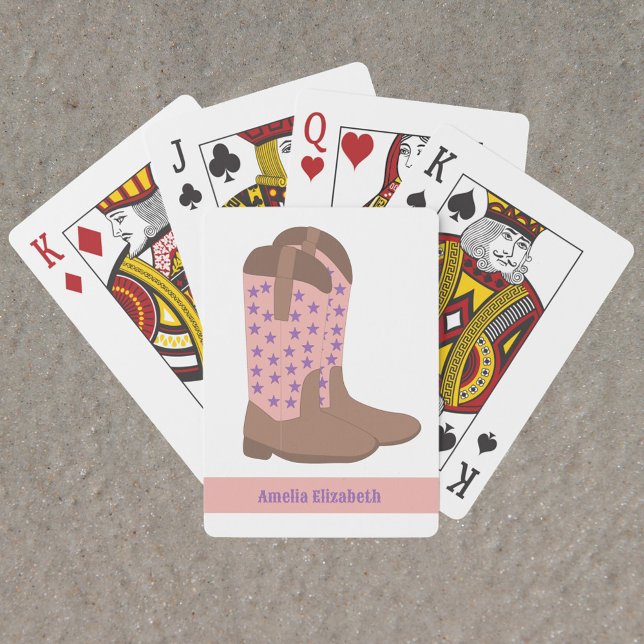 Cowboy Boots Stars Purple Pink Brown Personalize Poker Cards (A deck of playing cards with pink, brown and purple cowboy boots and text you can personalize!)