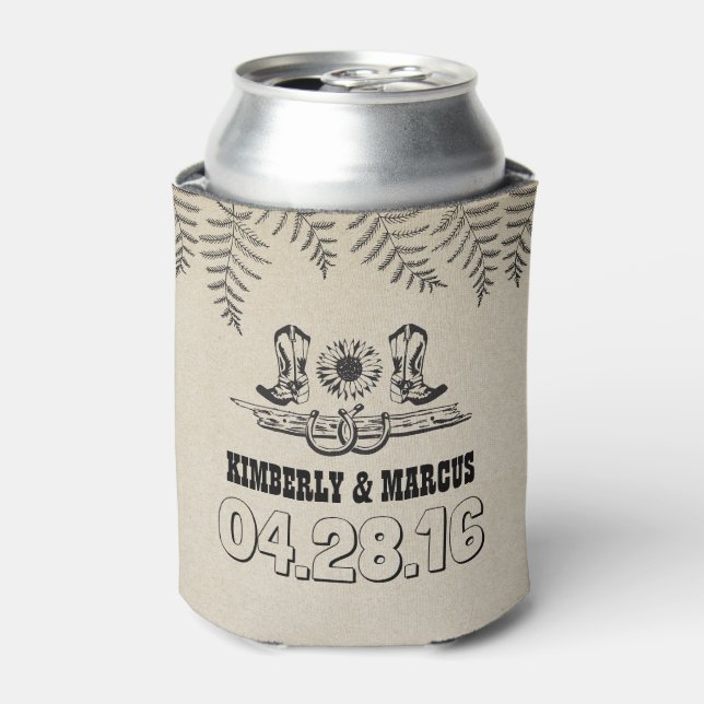 Cowboy Boots Sunflower and Horseshoes Rustic Can Cooler (Can Front)