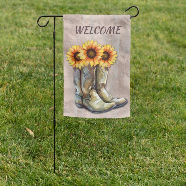 Cowboy Boots Sunflower Bouquet Welcome Garden Flag (In SItu)