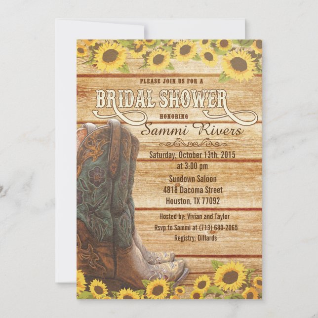 Cowboy Boots Sunflower Bridal Shower Invitation (Front)