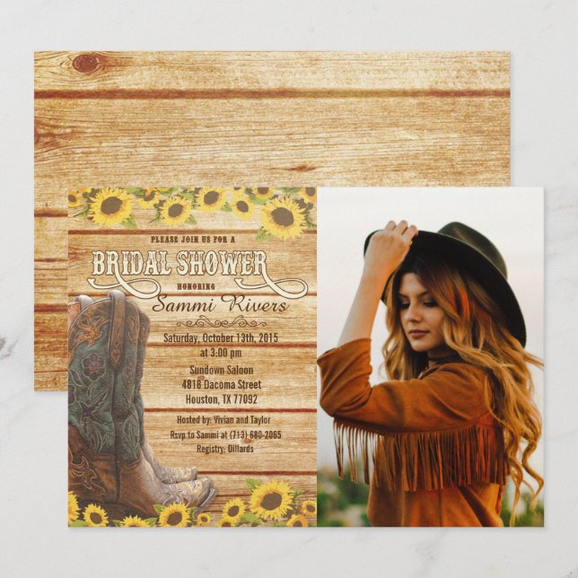 Cowboy Boots Sunflower Bridal Shower Invitation (Front/Back)