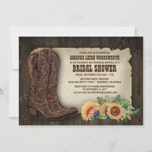 Cowboy Boots Sunflower Bridal Shower Invitations