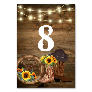 Cowboy Boots Sunflower Country Western Wedding Table Number