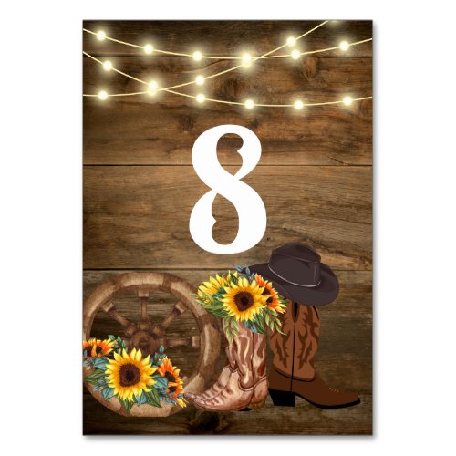 Cowboy Boots Sunflower Country Western Wedding  Table Number