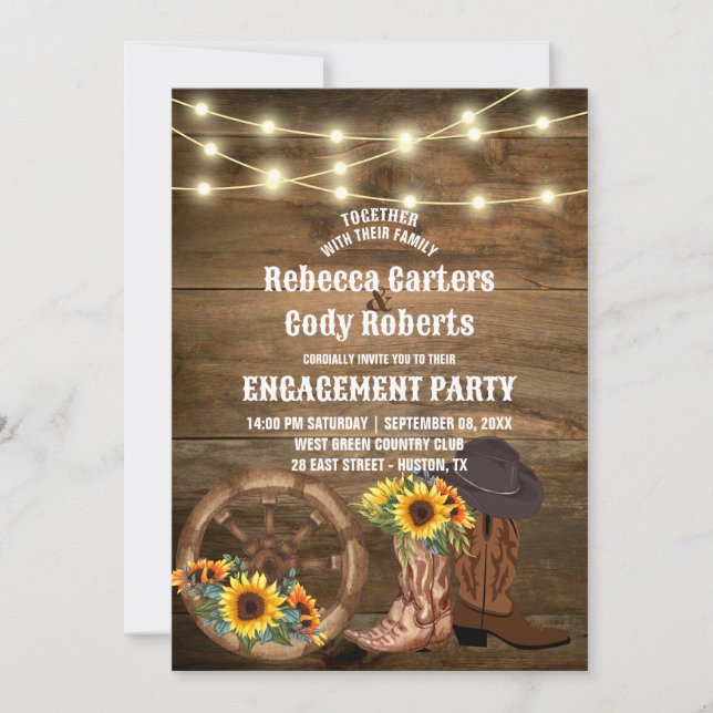 Cowboy Boots Sunflower Western Engagement Party Invitation (Front)