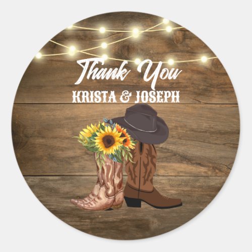 Cowboy Boots Sunflower Western Wedding Favor Classic Round Sticker