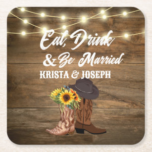 Cowboy Boots Sunflower Western Wedding  Favor Square Paper Coaster