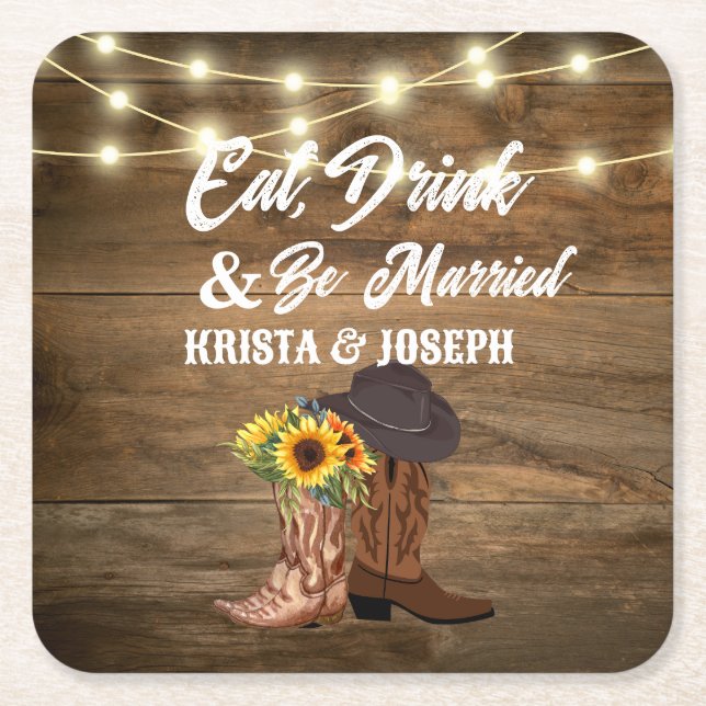 Cowboy Boots Sunflower Western Wedding  Favor Square Paper Coaster (Front)