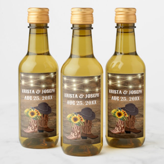 Cowboy Boots Sunflower Western Wedding Favor Wine Label (Bottles)