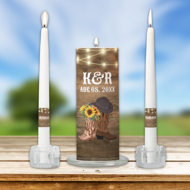 Cowboy Boots Sunflower Western Wedding  Unity Candle Set (Cowboy Boots Sunflower Western Wedding Unity Candle Set)