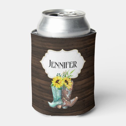 Cowboy boots sunflower wood DIY name  Can Cooler