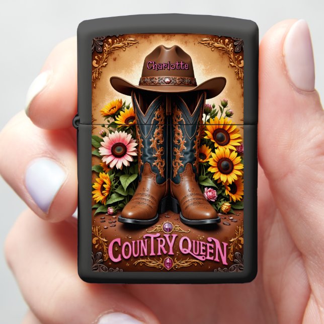 Cowboy Boots Sunflowers Country Queen Zippo Lighter (In Hand)