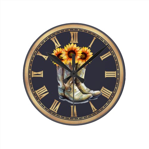 Cowboy Boots &amp; Sunflowers Round Clock