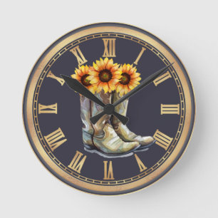 Cowboy Boots & Sunflowers Round Clock