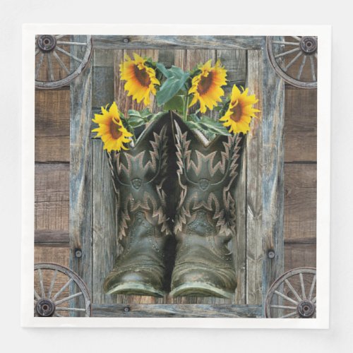 Cowboy Boots Sunflowers Rustic Barn Board Paper Dinner Napkins